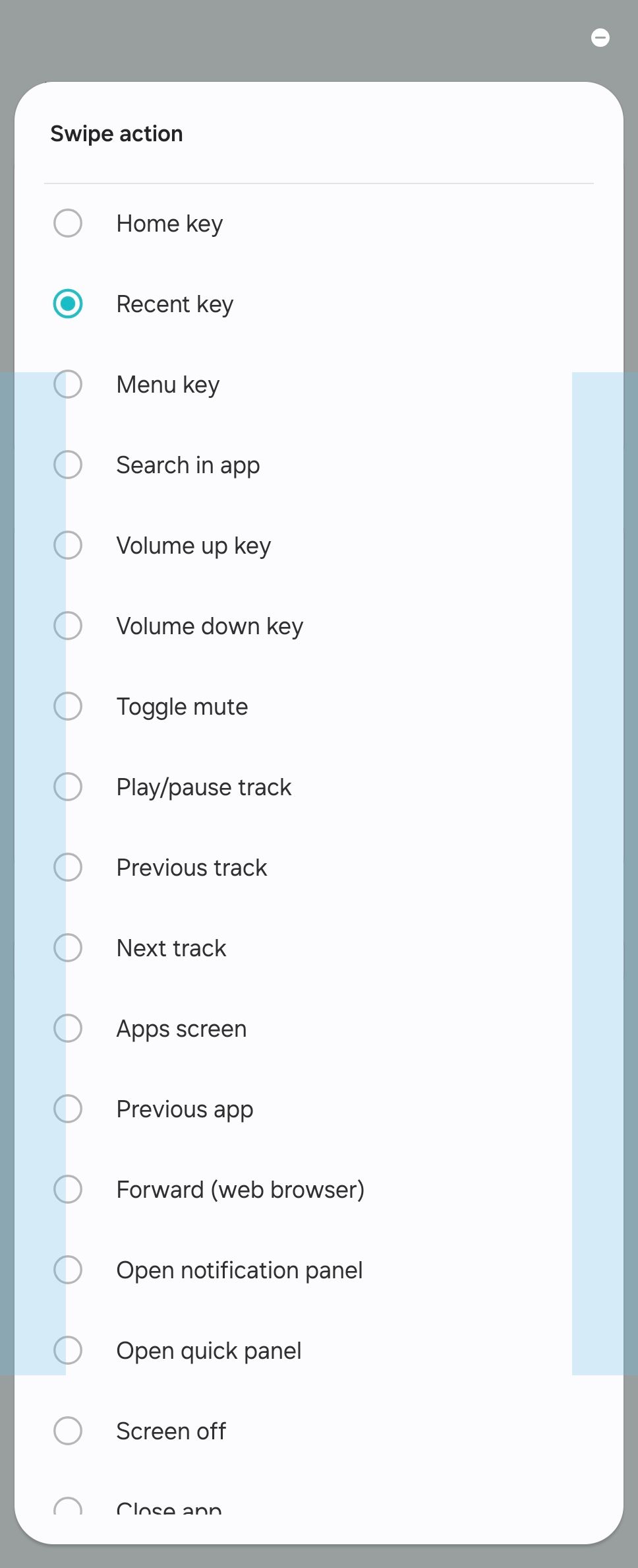 Available swipe options for One Hand Operation + module in Good Lock on a Galaxy Z Fold 6.
