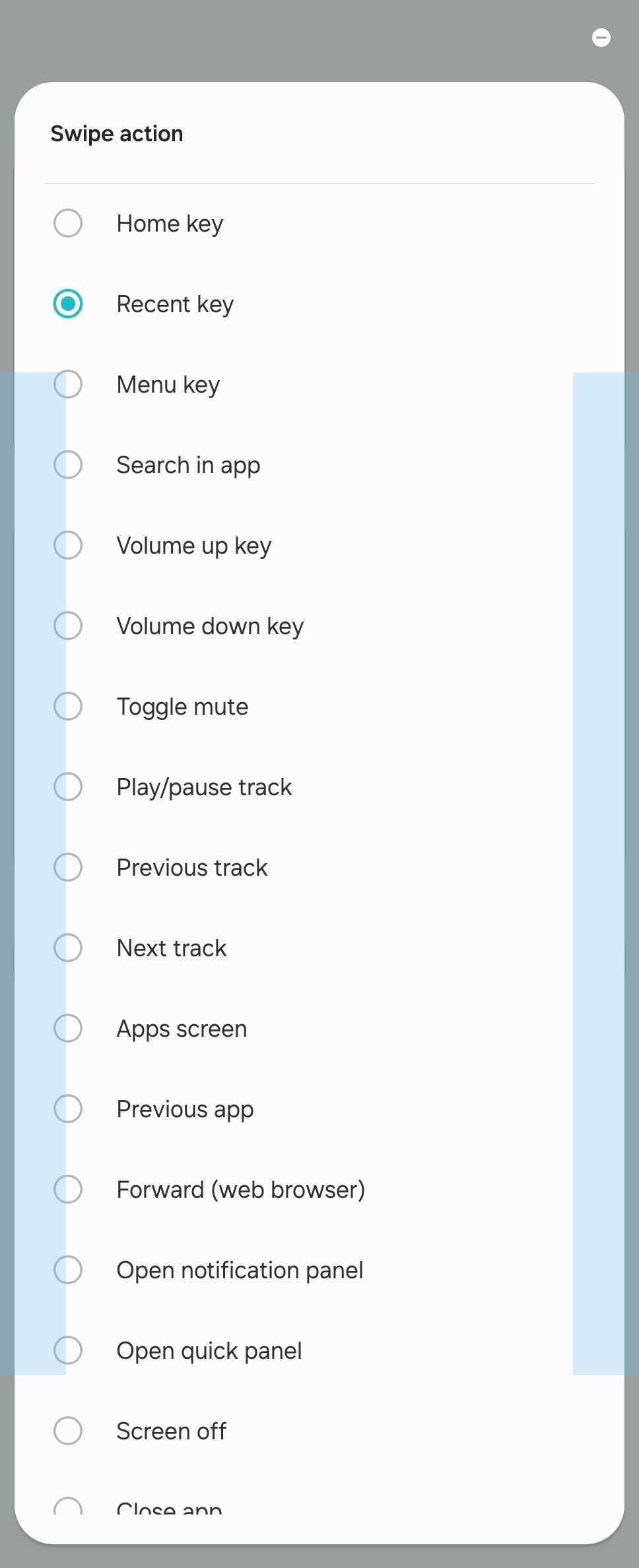 Available swipe options for One Hand Operation + module in Good Lock on a Galaxy Z Fold 6.