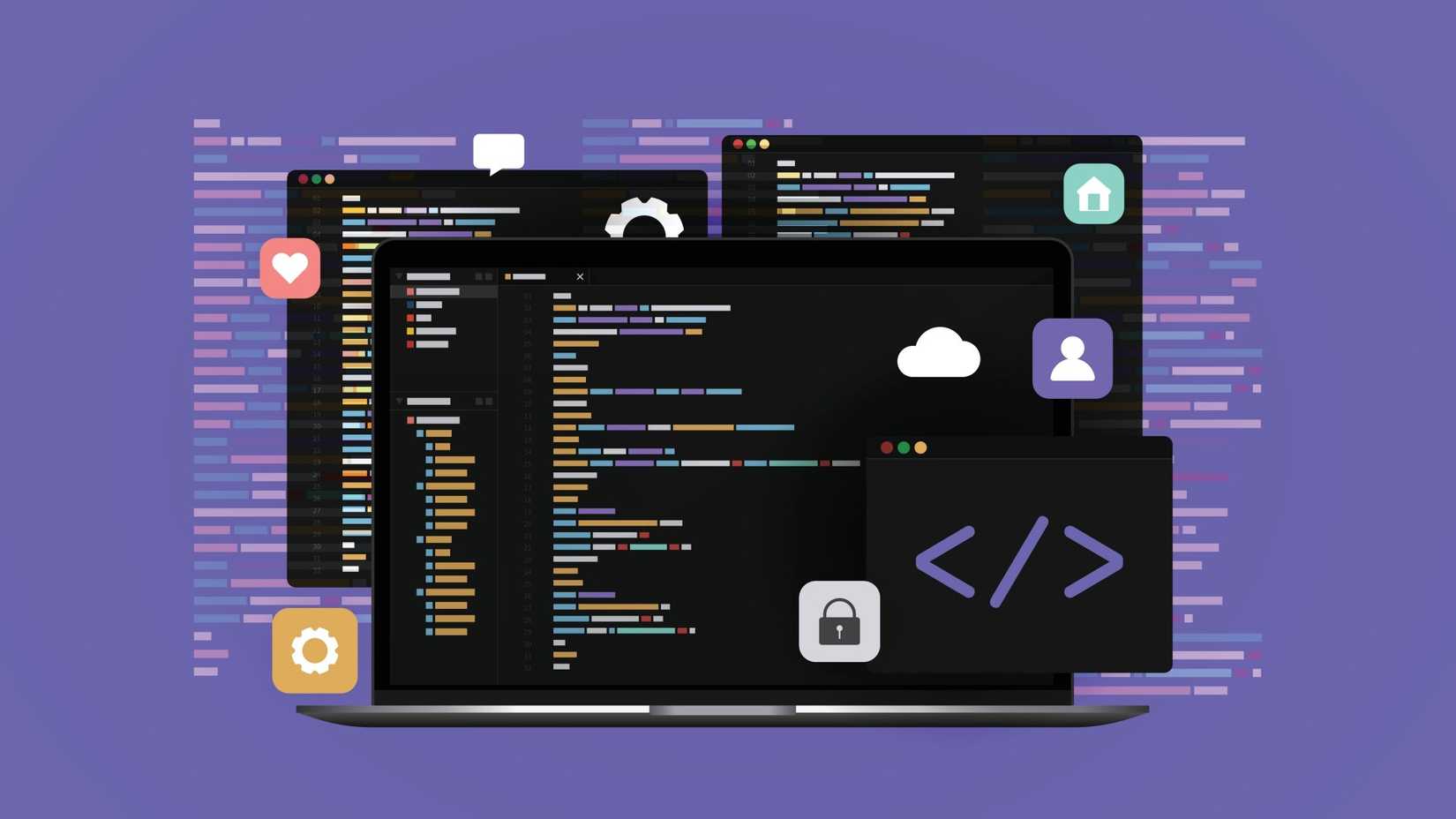 Conceito de programação de computadores ou desenvolvimento de software. Computador portátil com código na tela. Ícones de coração, mensagem, engrenagem, casa, usuário, nuvem e bloqueio.