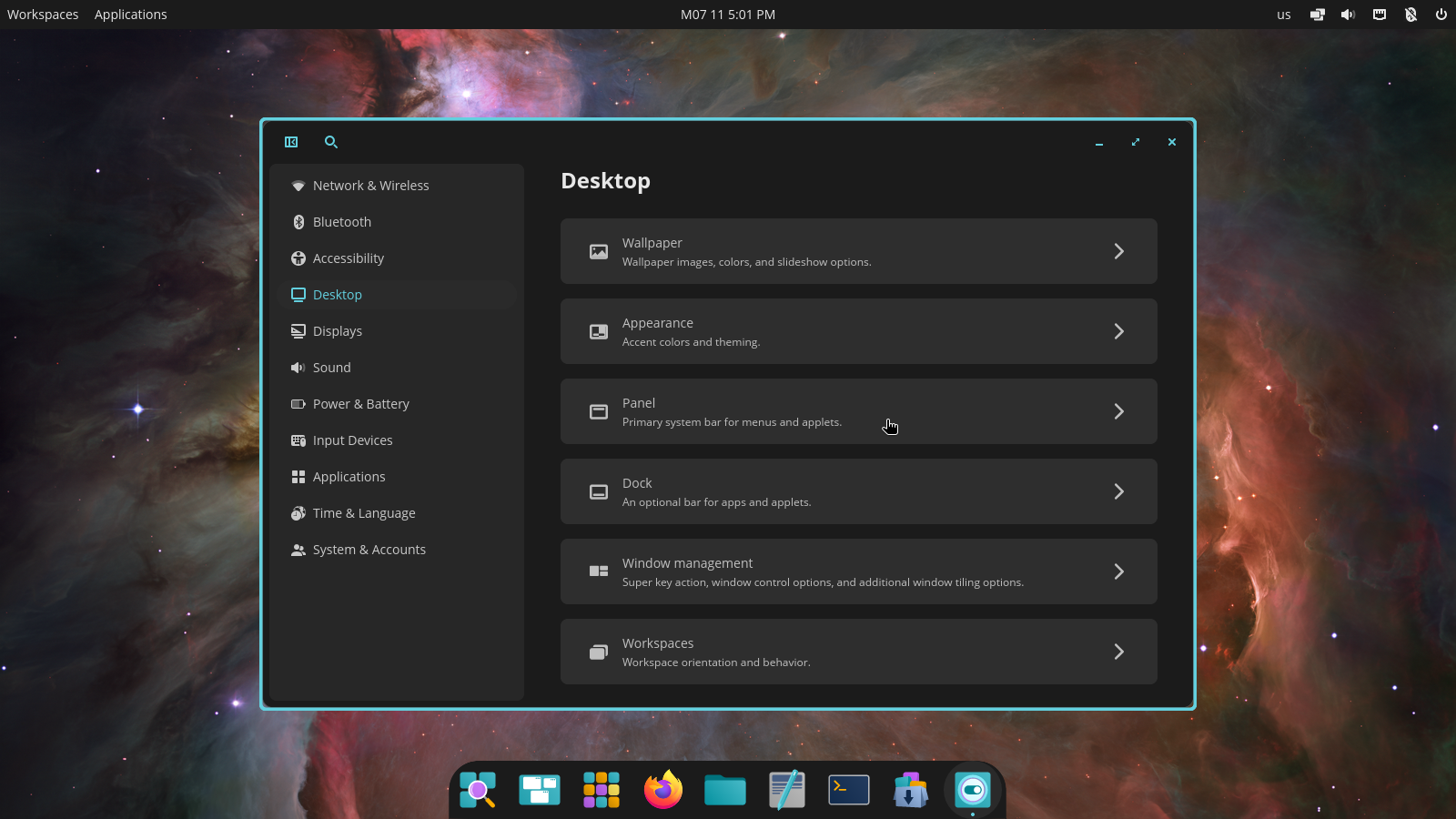 Cosmic desktop environment settings overview