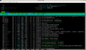 Xfce terminal window in Debian running htop.