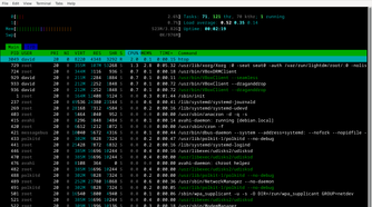 Xfce terminal window in Debian running htop.