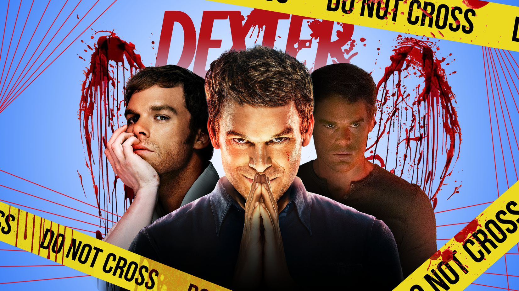 Dexter Morgan in three different versions, with blood stains in the background, the Dexter logo above 