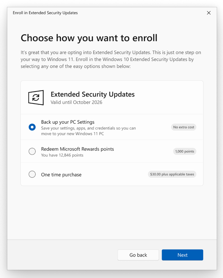 Different ESU enrollment options for Windows 10.