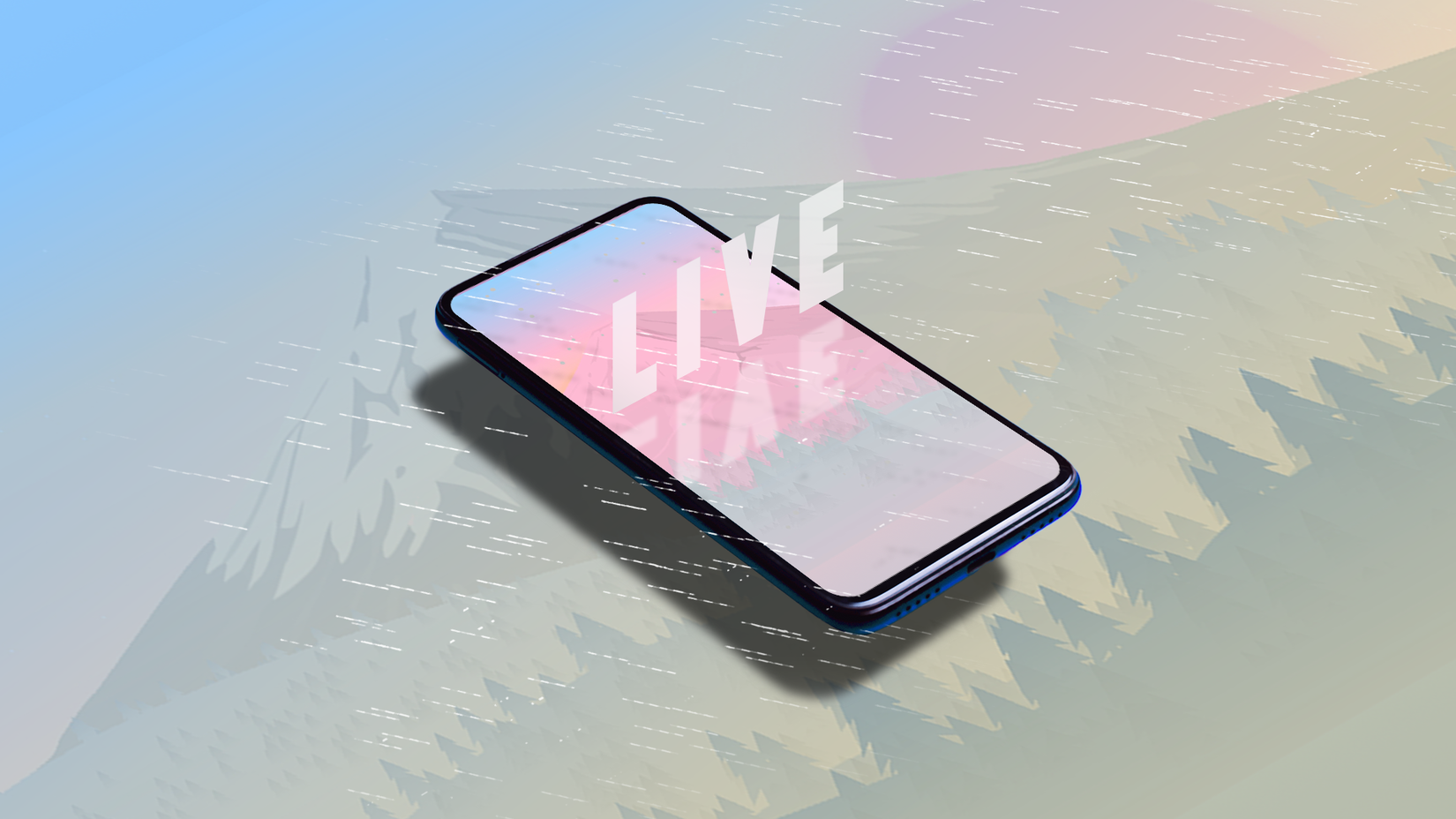 Smartphone exibindo um papel de parede animado com montanhas abstratas e efeitos climáticos animados, com a palavra 'AO VIVO' flutuando acima da tela.