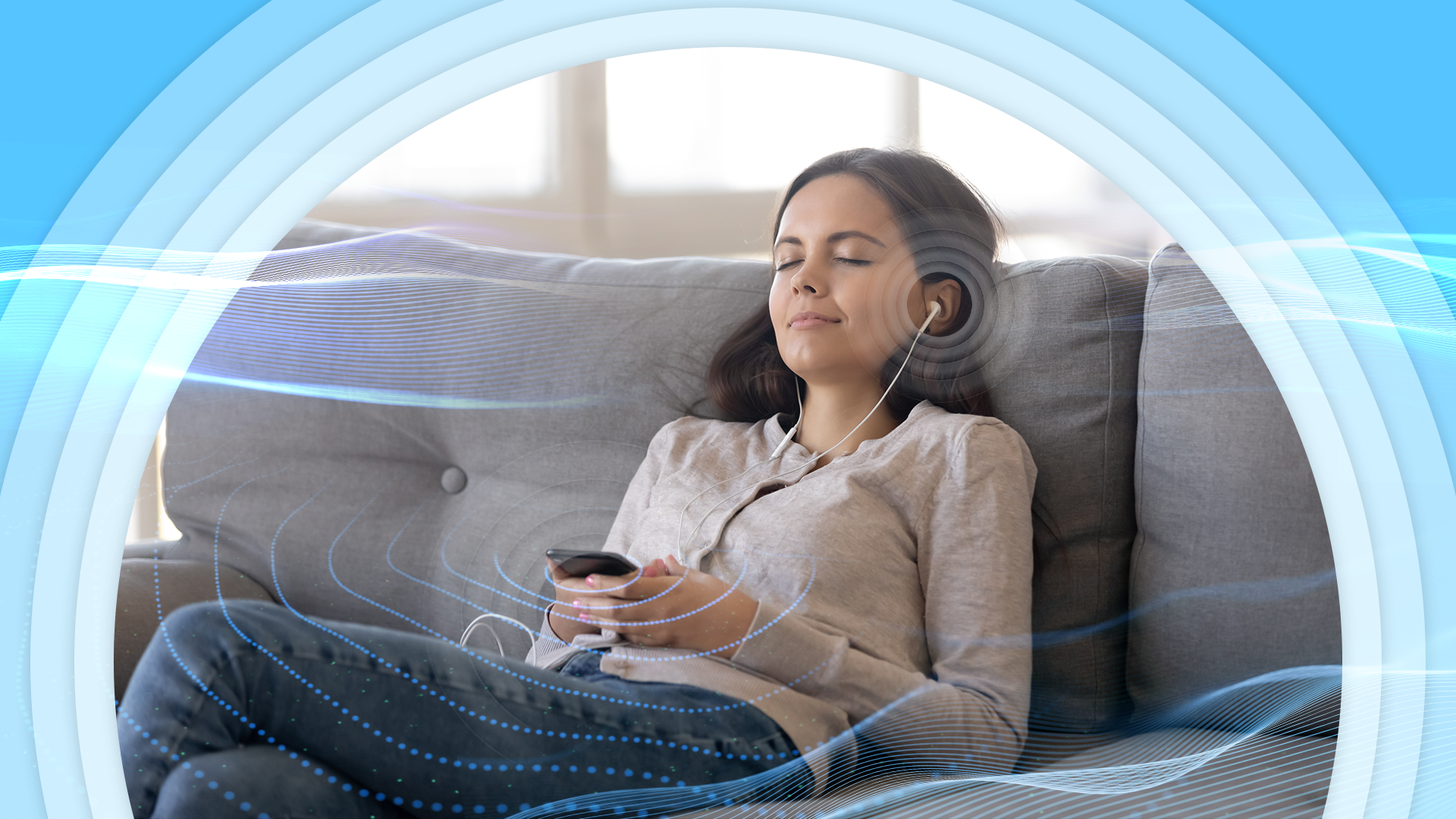A woman relaxing on a couch with her eyes closed, using earphones connected to her smartphone, surrounded by soft blue sound waves and curved visual effects.