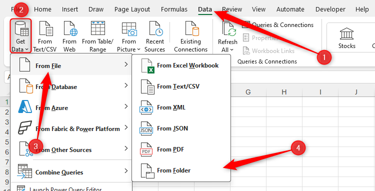 Hình 27: From Folder được chọn trong phần From File của menu thả xuống Get Data trong tab Data của ribbon Excel.