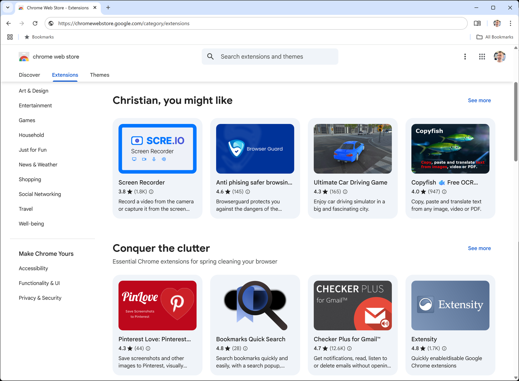 Google Chrome para Windows exibindo extensões na Chrome Web Store.