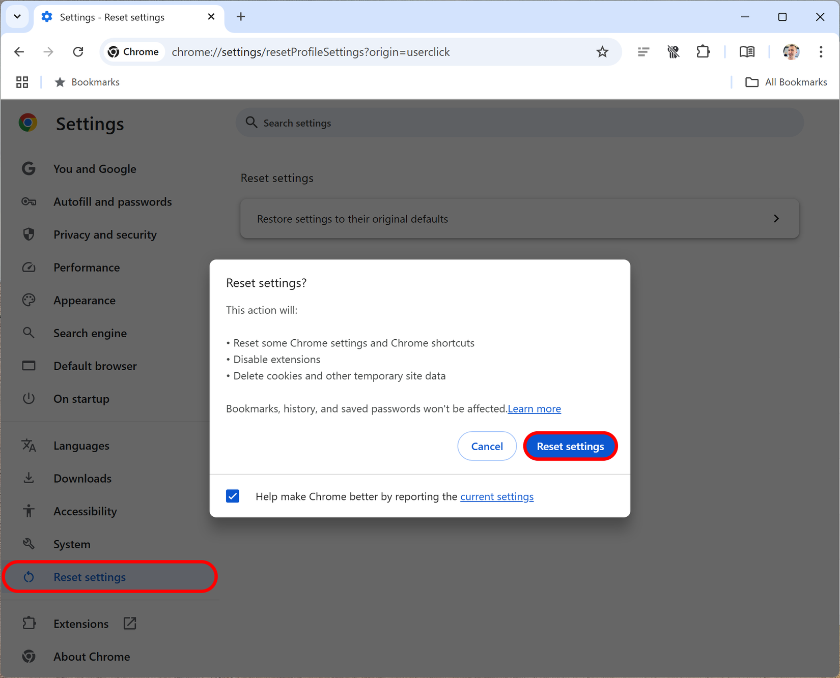 Google Chrome mostrando uma caixa de diálogo de confirmação para redefinir todas as configurações para os padrões de fábrica.