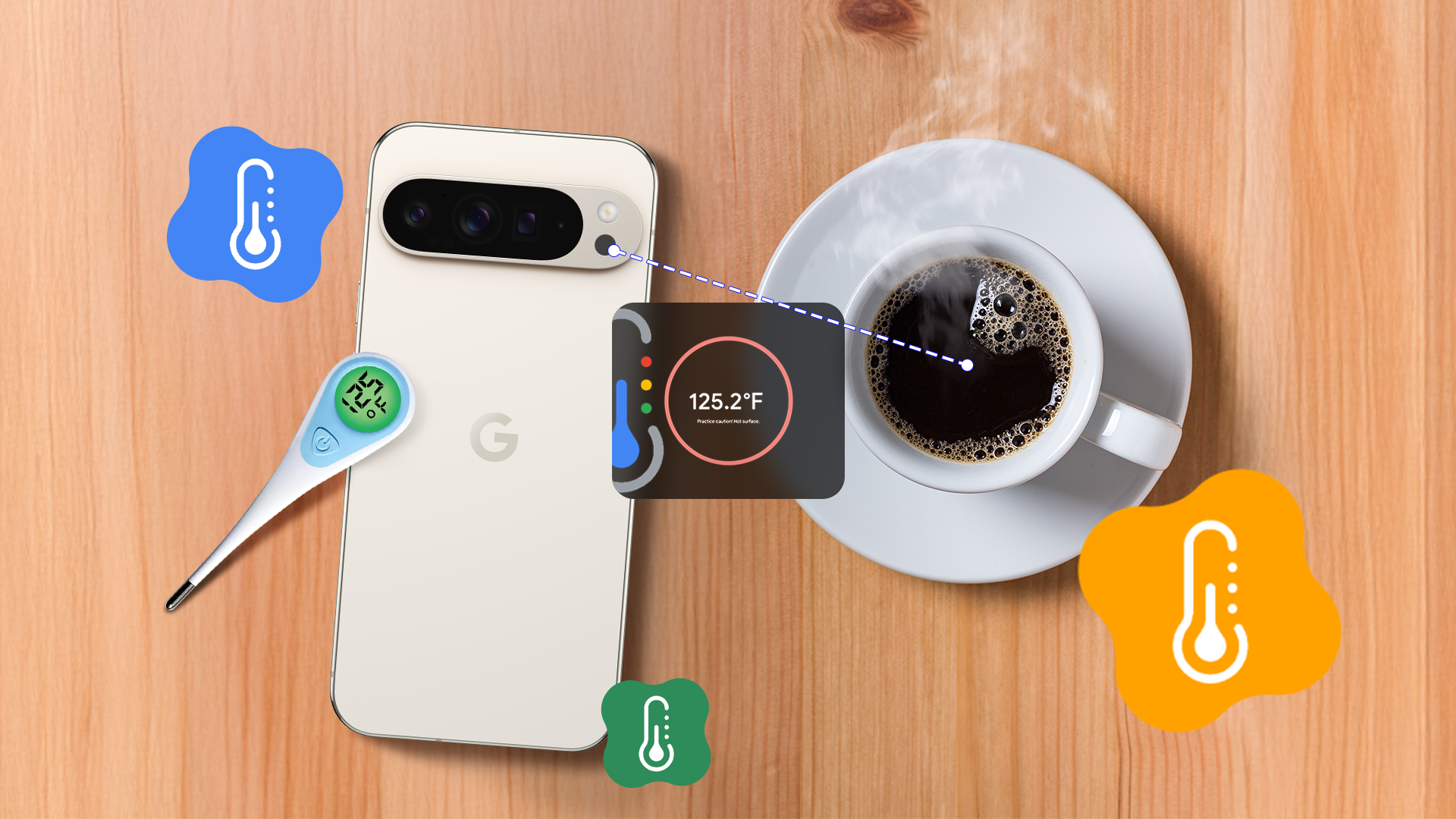 Google Pixel measuring the temperature of a cup of coffee, with a dashed line connecting the phone's sensor to the drink and displaying a 125.2°F reading in the center, surrounded by thermometer icons.