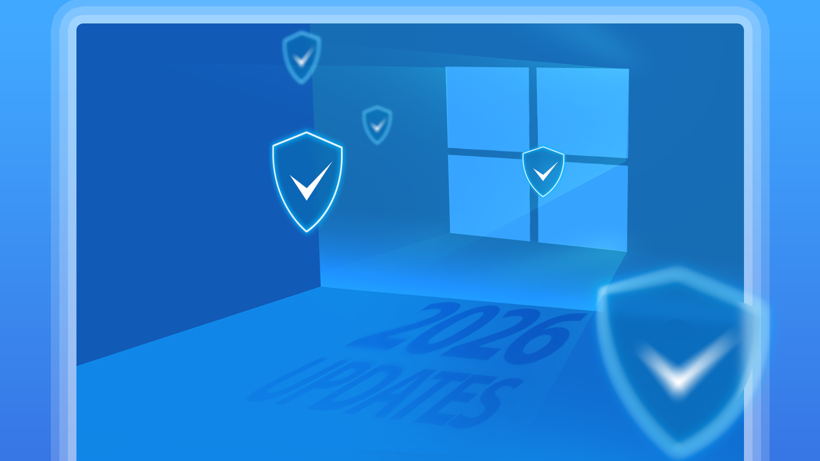 Ilustração de um logotipo brilhante do Windows 10 dentro de uma sala azul, cercada por escudos de segurança, com as palavras 'ATUALIZAÇÕES 2026' no chão.