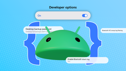 Illustration of Android Developer Options, a large Android mascot title set on a blue background with two large brackets on each side, surrounded by various toggle options in the center.