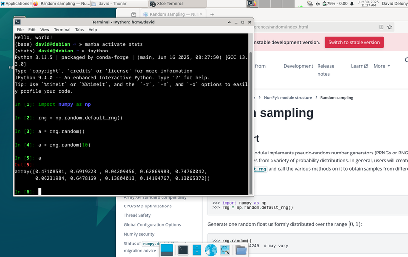 IPython session in a terminal with the NumPy random number documentation in a browser window on a Linux desktop.