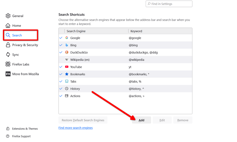 Creating a new search shortcut using Firefox.