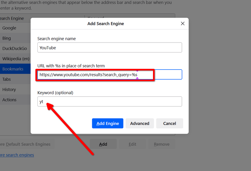 Keyword and URL for creating a custom shortcut in Firefox.