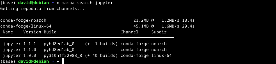 Output of "mamba search jupyter" in the shell.