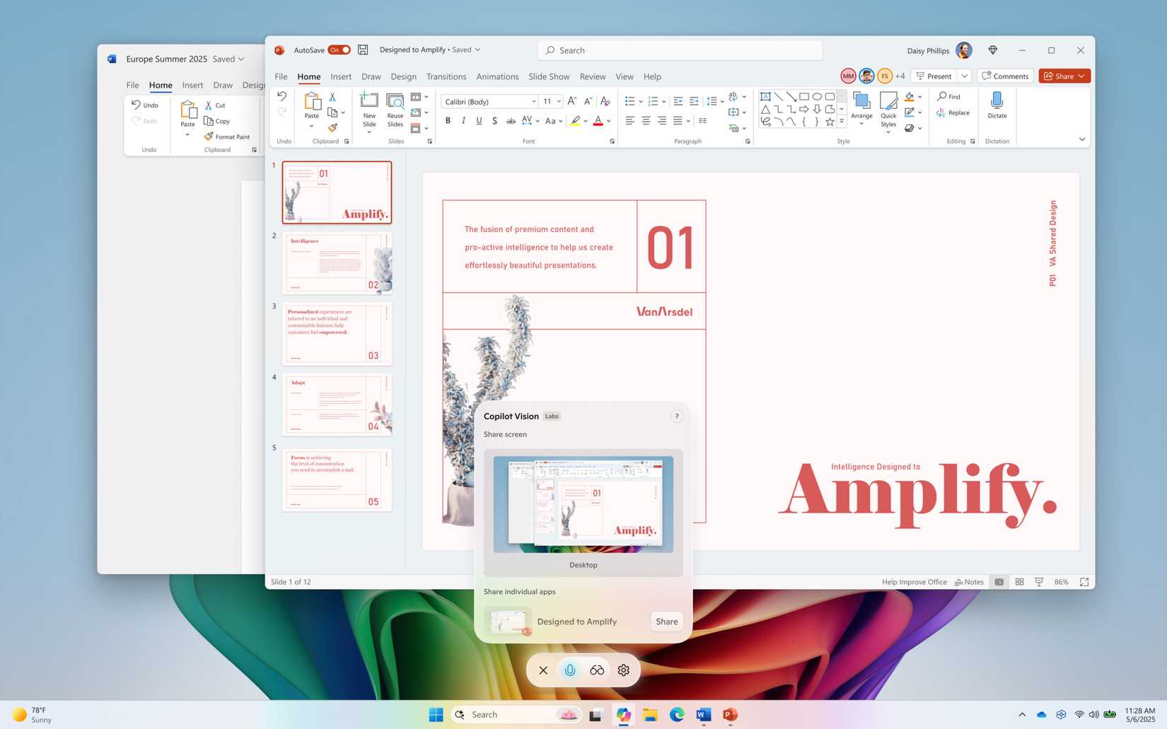 Microsoft Copilot Vision Desktop Share ajudando o usuário a fazer um powerpoint sobre inteligência.