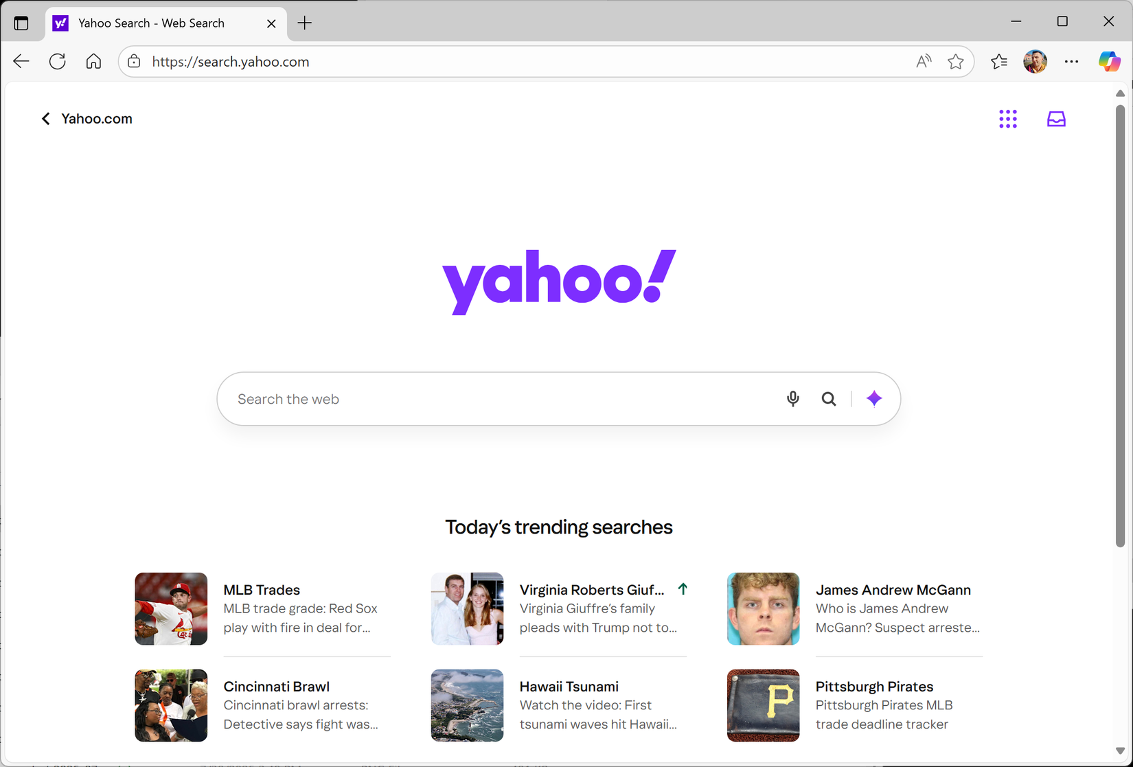 Microsoft Edge exibindo a página inicial do Yahoo Search.