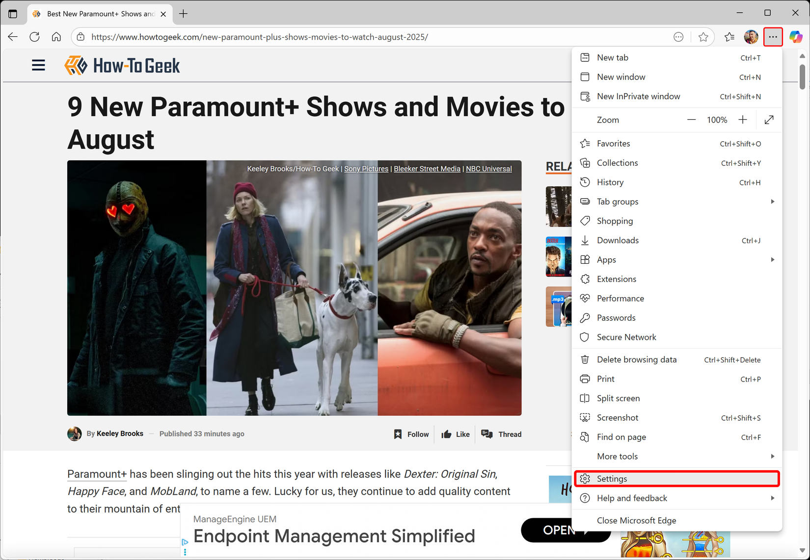 Navegador Microsoft Edge exibindo o menu com a opção Configurações selecionada.