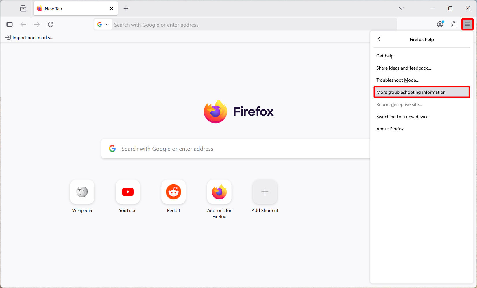 Firefox para Windows exibindo a opção de mostrar mais informações sobre solução de problemas no menu de ajuda.
