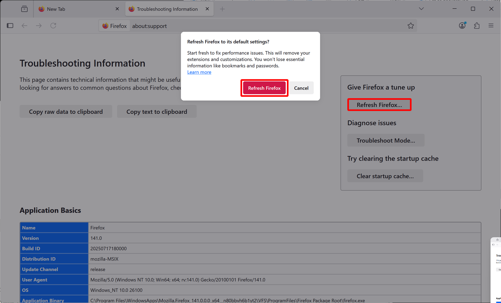 A caixa de diálogo Redefinir Firefox no Windows com o botão Redefinir Firefox selecionado. 