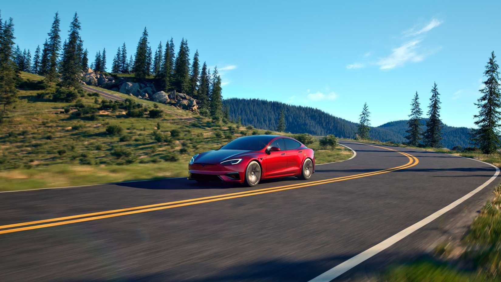 Frente dinâmica 3/4 de tiro de uma xadrez vermelho Tesla Model S dirigindo em uma estrada rural sinuosa.