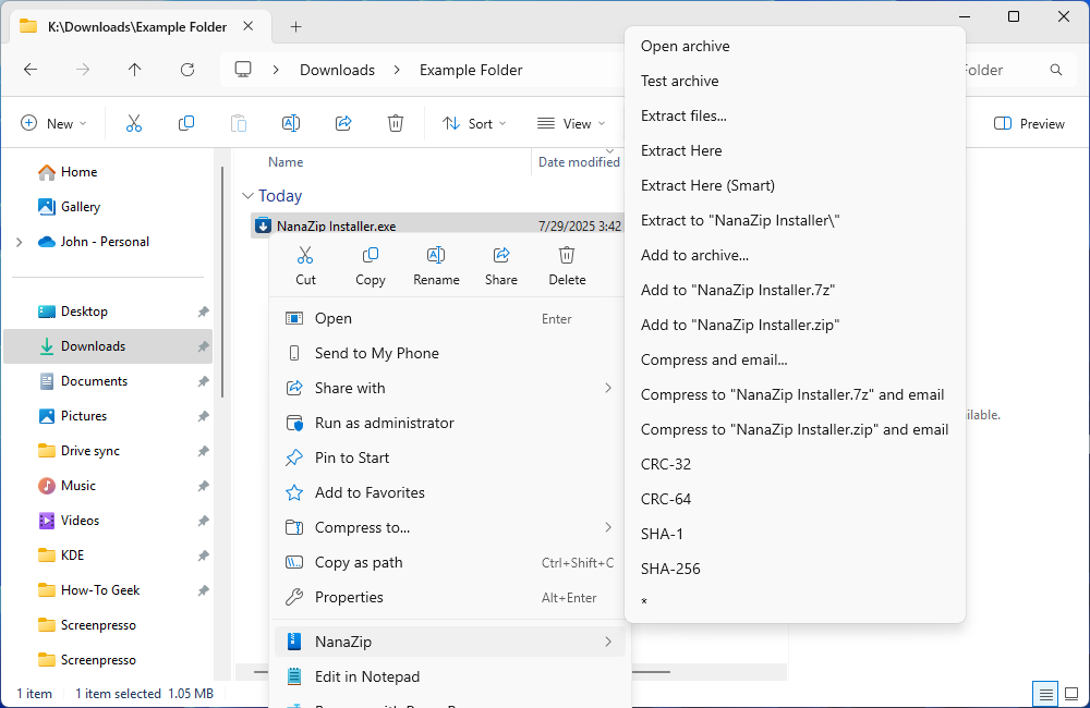 NanaZip in the Windows 11 right-click context menu. 