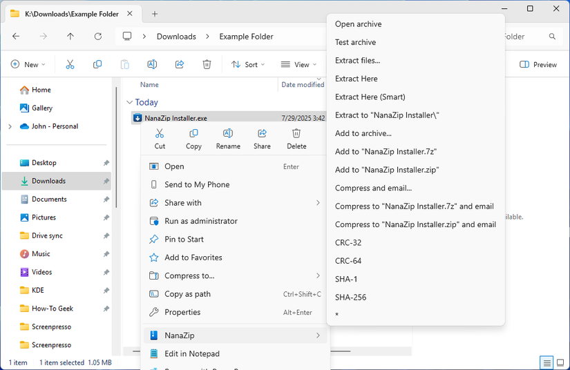 NanaZip in the Windows 11 right-click context menu. 