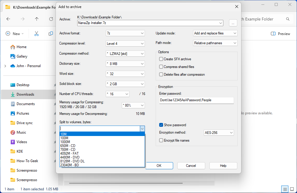 The NanaZip split archive option with a password set.