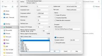 The NanaZip split archive option with a password set.
