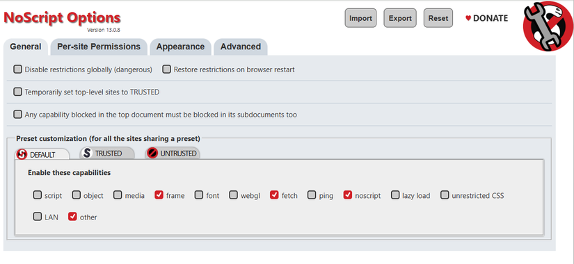 A página de configurações da extensão NoScript Chrome.