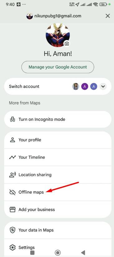 Opção de mapas offline no Google Maps.