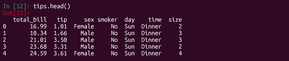 Pandas head() method showing the first rows of the tips dataset