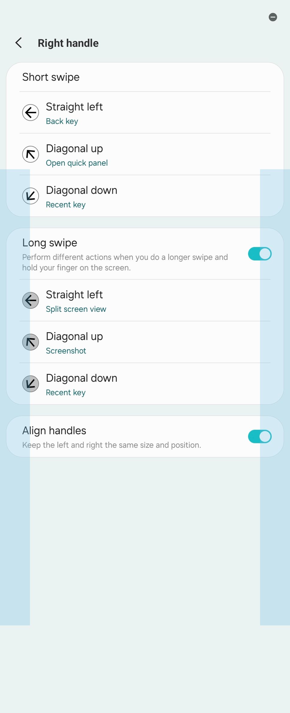 Right handle options for One Hand Operation + module in Good Lock on a Galaxy Z Fold 6.