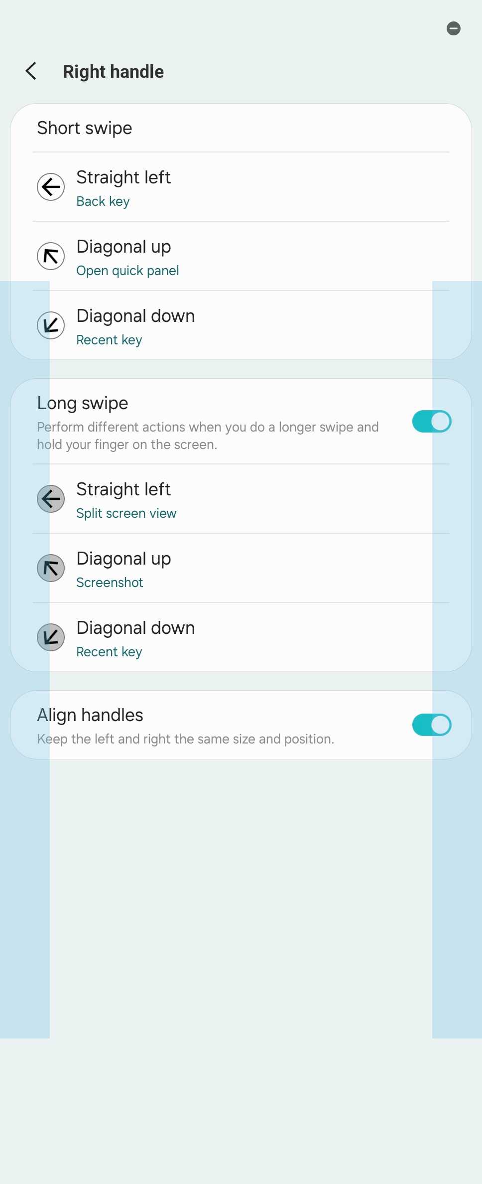 Right handle options for One Hand Operation + module in Good Lock on a Galaxy Z Fold 6.
