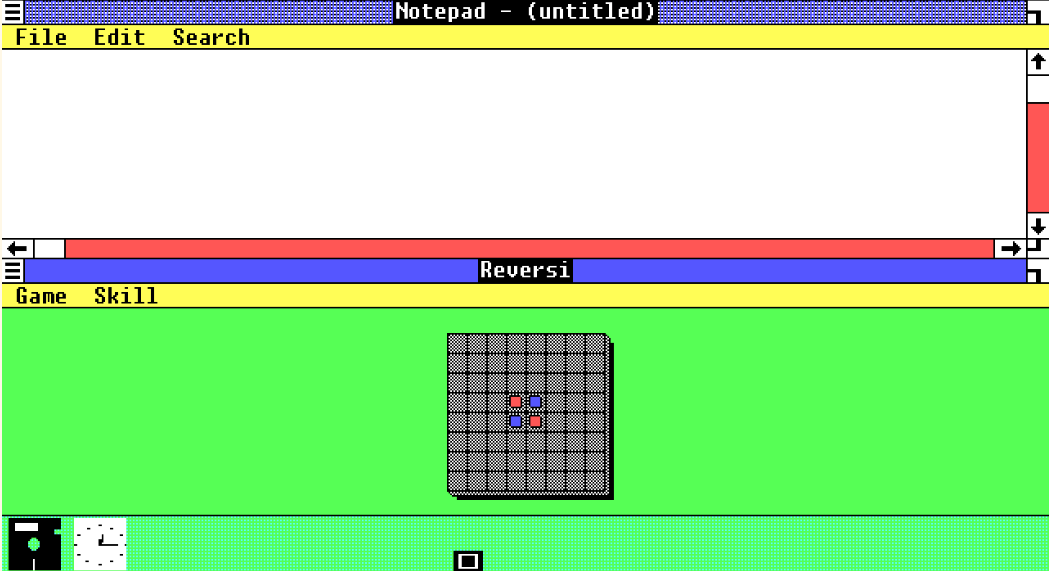Windows 1.0 with the Notepad and Reversi apps tiled vertically.