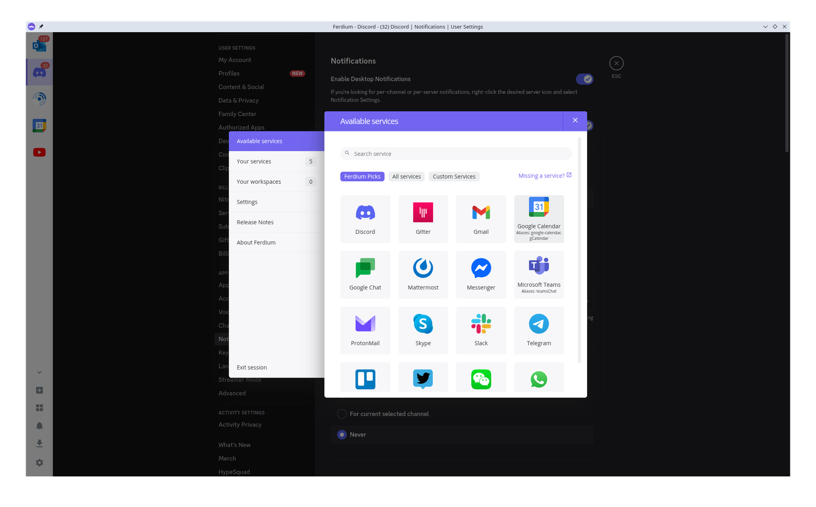 The Ferdium app with a new service dialog visible.