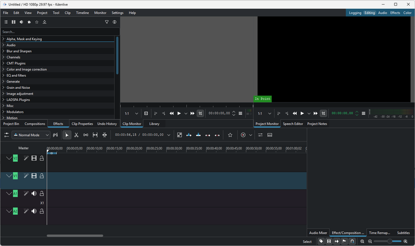 A interface principal do Kdenlive com os filtros exibidos. 
