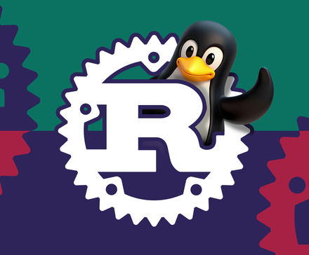 The Linux mascot Tux peeking from behind the Rust logo, with colorful Rust gears in the background.