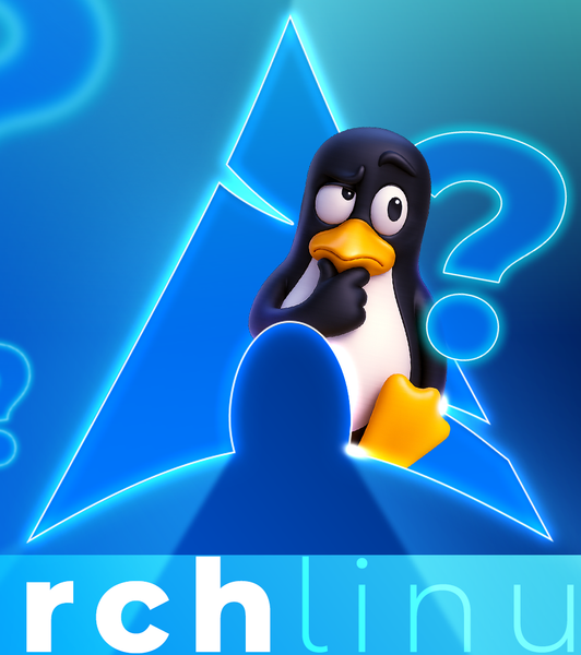 The Linux mascot, with a puzzled expression and one flipper on his chin, stands in front of a glowing Arch Linux logo, surrounded by neon question marks on a blue gradient background.