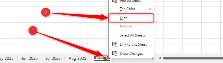 The right-click menu on the tab of a Backend worksheet in Excel is expanded, and Hide is selected.
