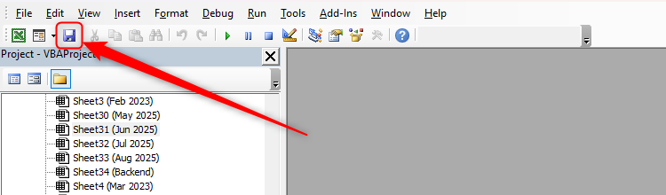The Save icon in Excel's VBA window is selected.