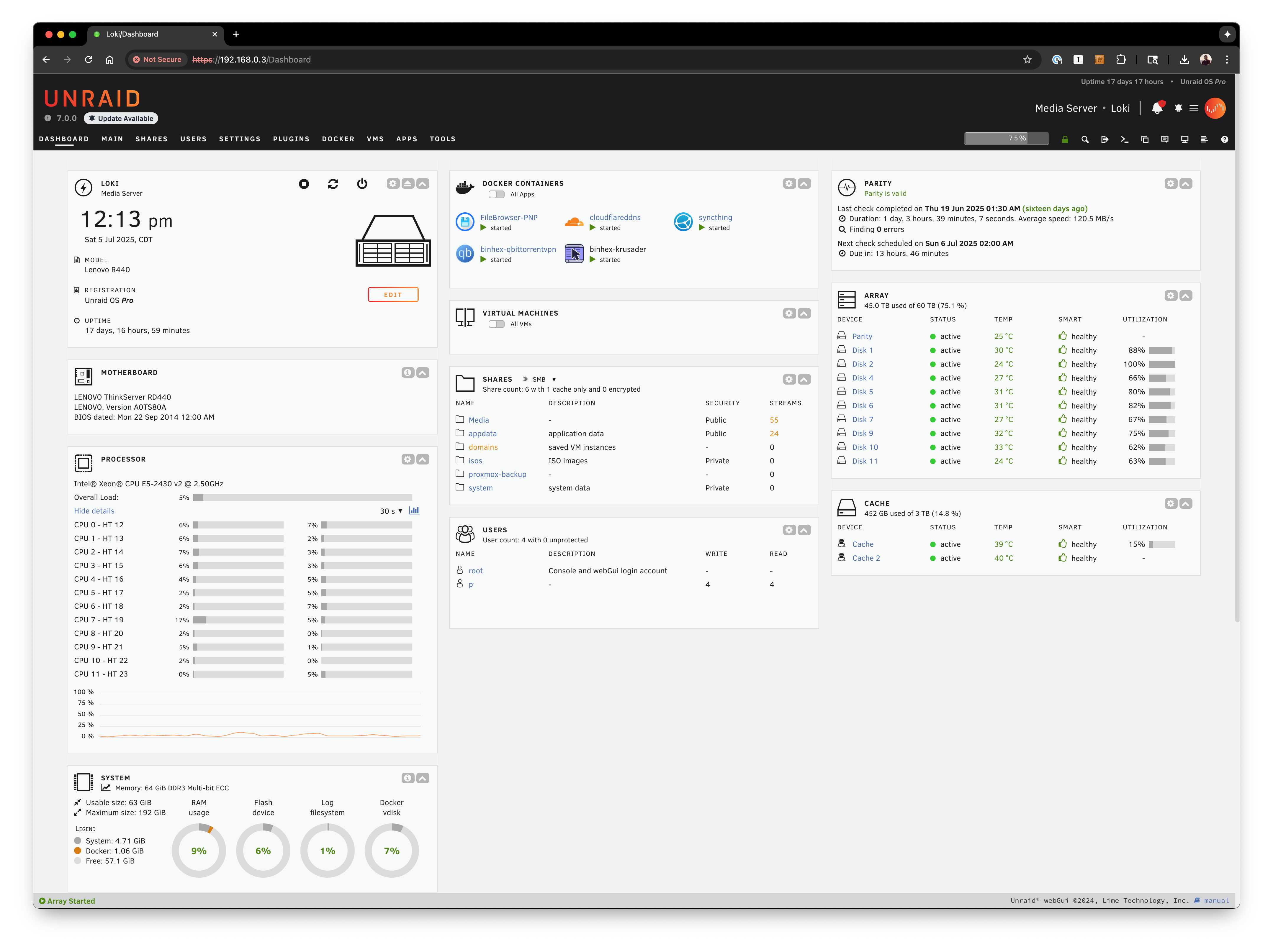 The Unraid web interface.