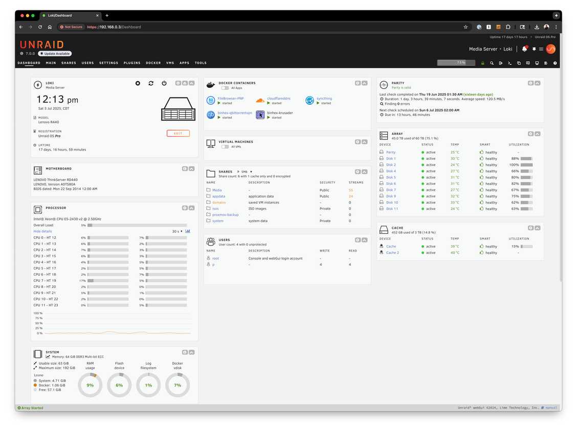 The Unraid web interface.