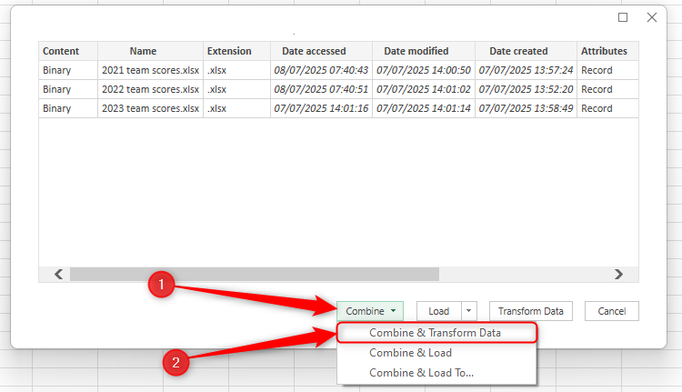 Hình 29: Ba tệp Excel với tên tương tự được liệt kê trong một hộp thoại trong Excel, và Combine And Transform Data được chọn trong menu thả xuống Combine.