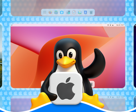 Tux, the Linux mascot, holding an Apple logo with macOS-like Linux distros in the background.