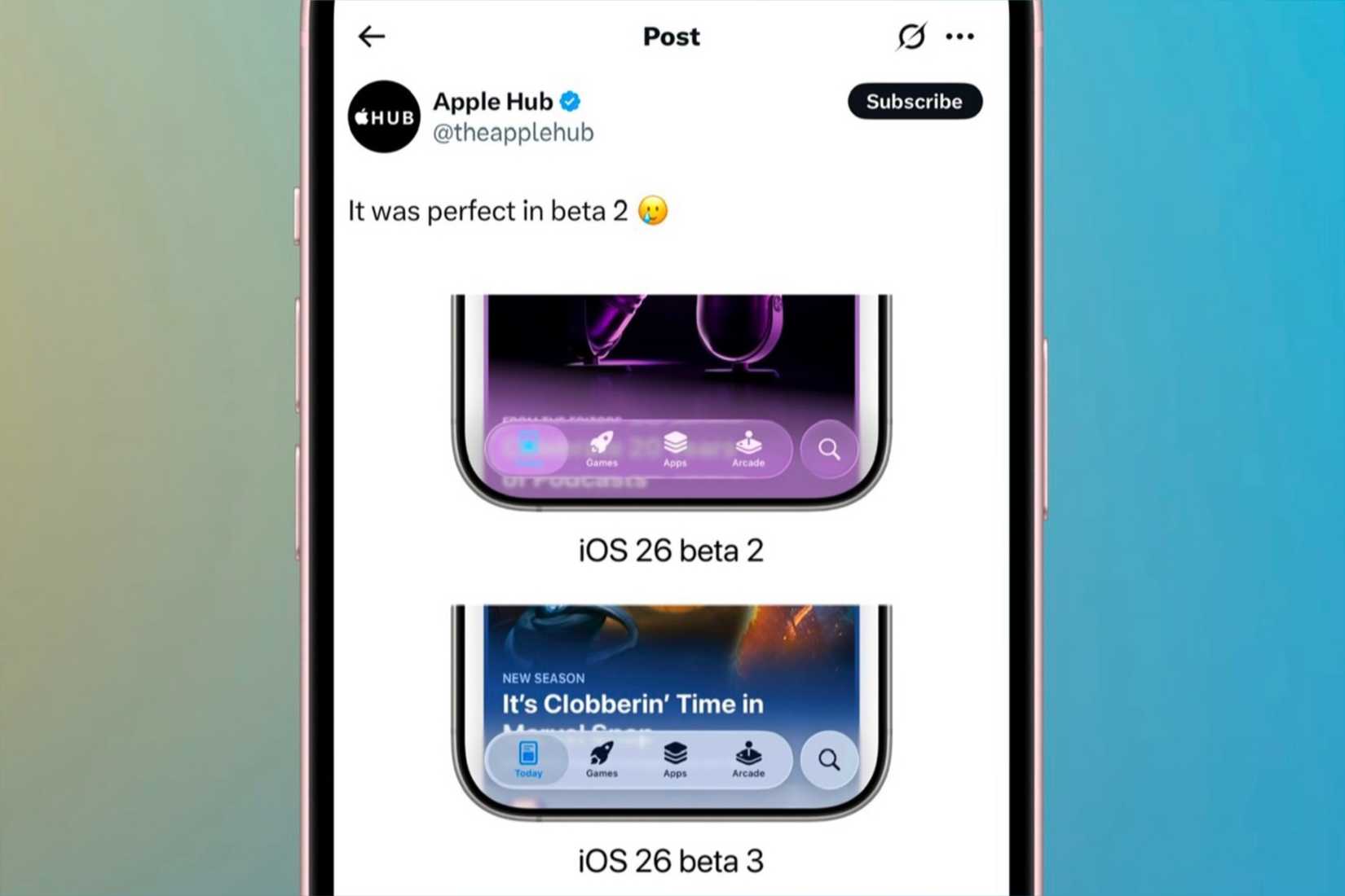 iOS 26-এ বিটা থ্রির তুলনায় বিটা টু-তে লিকুইড গ্লাস।