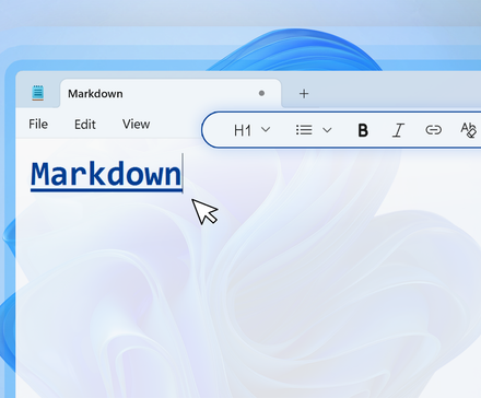 Windows 11 Notepad with the word 'Markdow' selected and formatting options displayed.