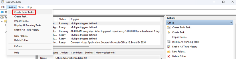 Windows Task Scheduler showing Action menu.
