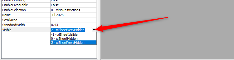 xlSheetVeryHidden is selected in the Visible drop-down menu of Excel's VBA Project Manager pane.